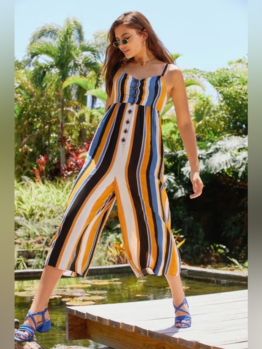 Urban Outfitters Tootsie Button Cropped Jumpsuit Women Size Small Mustard Stripe